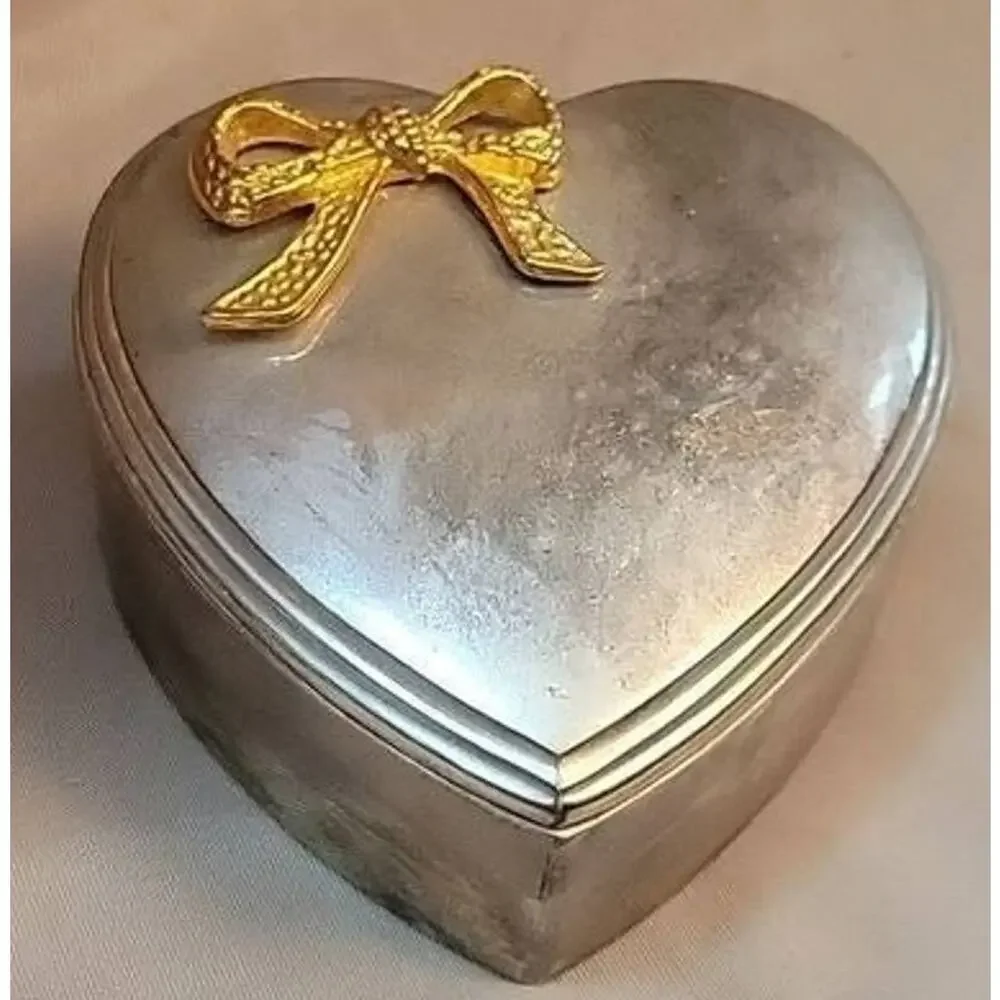 Vintage Silver Plated Heart Shaped Trinket Box with Gold Tone Bow